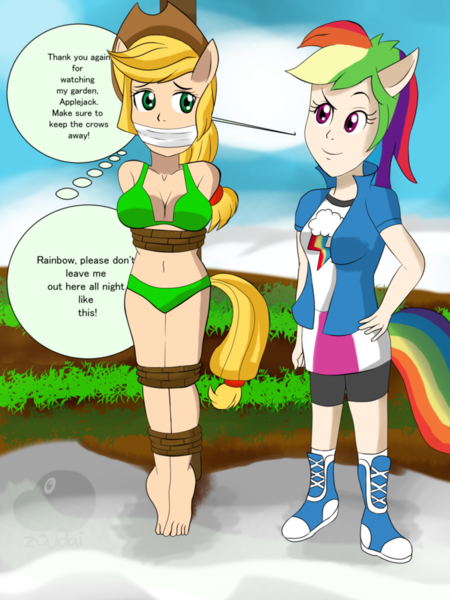 Size: 774x1032 | Tagged: questionable, artist:zoudai, derpibooru import, applejack, rainbow dash, equestria girls, barefoot, bdsm, belly button, bondage, boots, bound and gagged, bra, breasts, cloth gag, clothes, commission, compression shorts, feet, female, females only, fetish, gag, green underwear, human coloration, light skin, outdoors, panties, pole tied, ponied up, rope, rope bondage, scarecrow, shoes, skirt, socks, story in the source, tied up, underwear