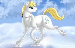 Size: 1056x679 | Tagged: safe, artist:bijutsuyoukai, derpibooru import, oc, oc:winter pearl, unofficial characters only, earth pony, pony, ice skating, male, offspring, parent:rarity, parent:zephyr breeze, parents:raribreeze, skating, solo, stallion