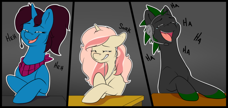 Size: 1500x710 | Tagged: safe, artist:heartscharm, derpibooru import, oc, oc:altus bastion, oc:heart charms, oc:miko, unofficial characters only, earth pony, pony, unicorn, black background, clothes, comic, crying, desk, dialogue, earbuds, female, headset, laughing, male, mare, microphone, panel, panels, scarf, simple background, snickering, stallion, tears of joy, white outline