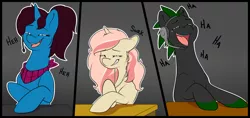 Size: 1500x710 | Tagged: safe, artist:heartscharm, derpibooru import, oc, oc:altus bastion, oc:heart charms, oc:miko, unofficial characters only, earth pony, pony, unicorn, black background, clothes, comic, crying, desk, dialogue, earbuds, female, headset, laughing, male, mare, microphone, panel, panels, scarf, simple background, snickering, stallion, tears of joy, white outline