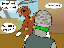 Size: 2400x1800 | Tagged: suggestive, artist:pony quarantine, derpibooru import, oc, oc:anon, ponified, ponified:sgt. reckless, earth pony, pony, camouflage, clothes, colored, crate, explicit source, helmet, looking back, she wants the d, text, tree, warpone