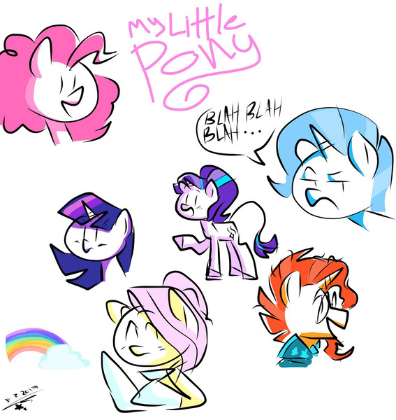 Size: 1167x1234 | Tagged: safe, artist:sl0ne, derpibooru import, fluttershy, pinkie pie, starlight glimmer, sunburst, trixie, twilight sparkle, pony, unicorn, doodles, female, leonine tail, mare, rainbow, raised hoof, simple background, white background