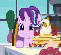 Size: 216x195 | Tagged: safe, derpibooru import, screencap, starlight glimmer, pony, unicorn, a royal problem, animated, aweeg*, berries, chewing, chewing ponies, chipmunk cheeks, cropped, cute, eating, female, food, frown, gif, gif for breezies, glimmerbetes, mare, munchies, munching, nom, pancakes, picture for breezies, puffy cheeks, solo