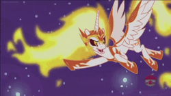 Size: 600x337 | Tagged: safe, derpibooru import, screencap, daybreaker, pony, a royal problem, animated, clapping, evil grin, gif, grin, happy, mane of fire, smiling, solo