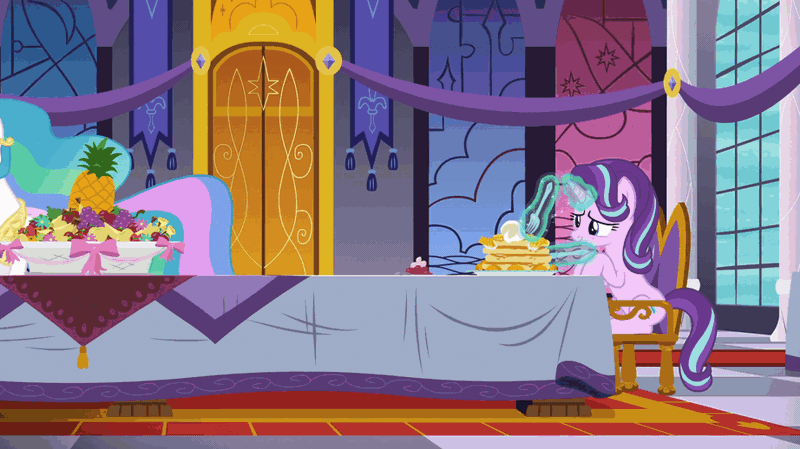Size: 922x518 | Tagged: safe, derpibooru import, screencap, princess celestia, princess luna, starlight glimmer, alicorn, pony, a royal problem, animated, bags under eyes, bait and switch, banana, banana peel, breakfast, cup, do you like bananas?, eating, female, food, gif, grumpy, horses doing horse things, magic, majestic as fuck, mare, teacup, tired, you're doing it wrong