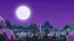 Size: 1920x1080 | Tagged: safe, derpibooru import, screencap, pony, a royal problem, background, canterlot, clear with periodic sky, moon, night, no pony, scenery