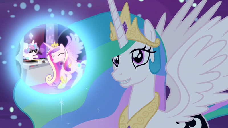 Size: 1920x1080 | Tagged: safe, derpibooru import, screencap, princess cadance, princess celestia, princess flurry heart, alicorn, pony, a royal problem, dj flurry heart, dream bubble, dream realm, dream walker celestia, female, mare, spread wings, wings