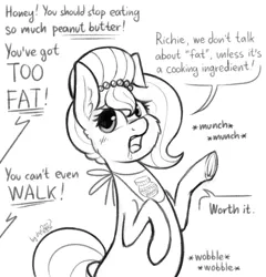 Size: 1166x1213 | Tagged: safe, artist:dsp2003, derpibooru import, oc, oc:brownie bun, unofficial characters only, earth pony, pony, horse wife, black and white, comic, fat, female, food, grayscale, monochrome, offscreen character, peanut butter, single panel, sketch, solo