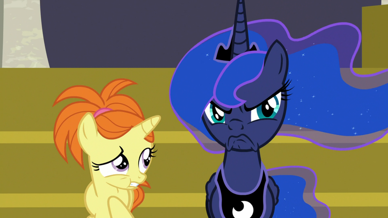 Size: 1920x1080 | Tagged: safe, derpibooru import, screencap, indian summer, princess luna, pony, a royal problem, accident, female, filly, oh come on, oops, raised eyebrow, scowl