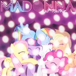 Size: 800x800 | Tagged: safe, artist:90sigma, artist:penguinsn1fan, derpibooru import, applejack, fluttershy, pinkie pie, rainbow dash, rarity, twilight sparkle, twilight sparkle (alicorn), alicorn, pony, cover, eyes closed, group hug, happy, hug, madonna, mane six, parody