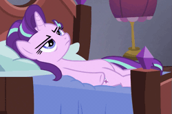 Size: 519x344 | Tagged: safe, derpibooru import, screencap, starlight glimmer, pony, a royal problem, animated, annoyed, bed, chubby, cropped, double facehoof, exploitable meme, eyeroll, facehoof, gif, meme, on back, solo, starlight bedridden