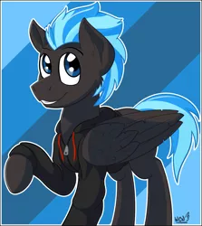 Size: 1491x1671 | Tagged: safe, artist:wcnimbus, derpibooru import, oc, oc:nimbus, unofficial characters only, pegasus, pony, abstract background, clothes, hoodie, male, smiling, solo, stallion