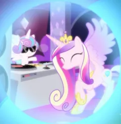 Size: 637x653 | Tagged: safe, derpibooru import, screencap, princess cadance, princess flurry heart, pony, a royal problem, cropped, dj flurry heart, dream bubble