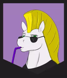 Size: 545x630 | Tagged: safe, artist:stoopedhooy, derpibooru import, oc, oc:blind sword, ponified, unofficial characters only, pegasus, pony, blonde, bust, cartoon network, clothes, cosplay, costume, crossover, drinking straw, duckface, gift art, glasses, green eyes, johnny bravo, looking at you, male, mohawk, portrait, solo, stallion, straw