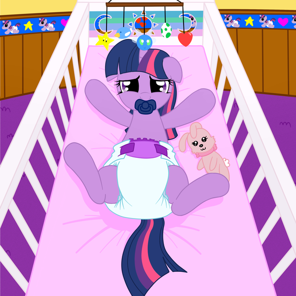 Size: 3000x3000 | Tagged: questionable, artist:fillyscoots42, derpibooru import, edit, edited edit, editor:hodgepodgedl, editor:mrdoctorderpy, twilight sparkle, pony, adult foal, binky, crib, cute, diaper, diaper fetish, fetish, floppy ears, happy, looking at you, pacifier, plushie, poofy diaper, solo, super crinkle pony adventure 64, thread