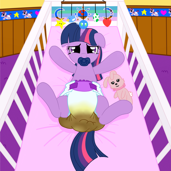 Size: 3000x3000 | Tagged: questionable, artist:fillyscoots42, derpibooru import, edit, edited edit, editor:hodgepodgedl, editor:mrdoctorderpy, twilight sparkle, pony, adult foal, binky, crib, cute, diaper, diaper fetish, fetish, floppy ears, happy, looking at you, messy diaper, pacifier, plushie, poofy diaper, poop, poopy diaper, solo, super crinkle pony adventure 64, thread