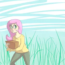 Size: 512x512 | Tagged: artist:sl0ne, box, carrying, clothes, derpibooru import, female, fluttershy, human, humanized, safe, solo, sweater, sweatershy