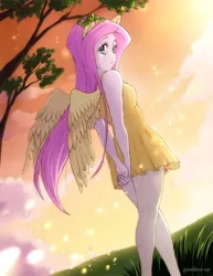 Size: 927x1200 | Tagged: artist:paulina-ap, breasts, clothes, delicious flat chest, derpibooru import, dress, eared humanization, flattershy, fluttershy, human, humanized, looking back, safe, solo, tree, twilight (astronomy), winged humanization, wings