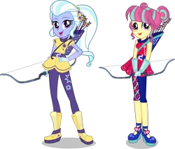 Size: 7500x6392 | Tagged: safe, artist:limedazzle, derpibooru import, sour sweet, sugarcoat, equestria girls, friendship games, absurd resolution, alternate hairstyle, alternate universe, archery, arrow, boots, bow (weapon), clothes, female, quiver, shoes, simple background, skirt, transparent background, vector