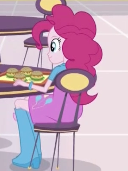 Size: 1536x2048 | Tagged: safe, derpibooru import, screencap, pinkie pie, equestria girls, mirror magic, spoiler:eqg specials, burger, chair, cropped, cute, female, food, smiling, solo, table, tray