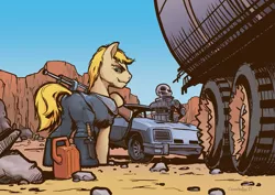 Size: 1411x1000 | Tagged: safe, artist:cannibalus, derpibooru import, oc, oc:wit ray, unofficial characters only, earth pony, pony, car, clothes, crossover, desert, ford, ford falcon, gun, interceptor, last of the v8s, mad max, mad max fury road, male, parody, skull, stallion, supercharger, vehicle, weapon