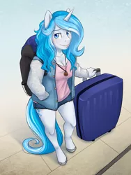 Size: 3000x4000 | Tagged: safe, artist:askbubblelee, derpibooru import, oc, oc:bubble lee, oc:imago, unofficial characters only, anthro, unguligrade anthro, unicorn, anthro oc, backpack, breasts, cleavage, clothes, female, freckles, hands in pockets, looking at you, luggage, mare, smiling, solo, story in the source