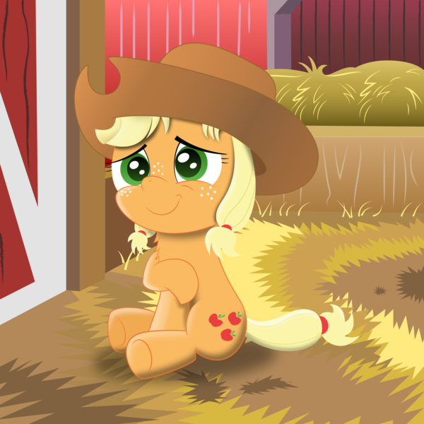 Size: 1500x1500 | Tagged: safe, artist:spellboundcanvas, derpibooru import, applejack, earth pony, pony, barn, cute, female, filly, filly applejack, jackabetes, sitting, solo, younger