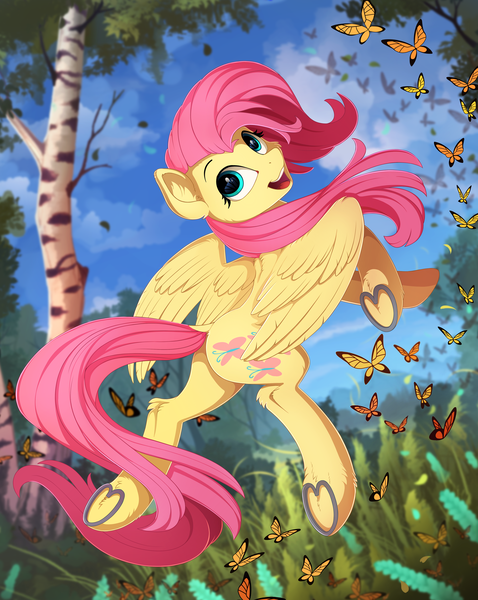 Size: 1760x2210 | Tagged: safe, artist:yakovlev-vad, derpibooru import, fluttershy, butterfly, pegasus, pony, cute, daaaaaaaaaaaw, dock, ear fluff, female, flutterbutt, flying, grass, head turn, horseshoes, looking back, mare, open mouth, plot, scenery, scenery porn, shyabetes, smiling, solo, spread wings, tree, underhoof, wings