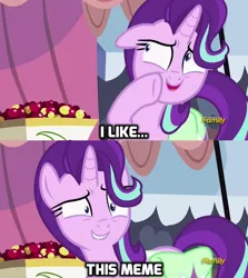 Size: 686x768 | Tagged: safe, derpibooru import, edit, edited screencap, screencap, starlight glimmer, pony, unicorn, rock solid friendship, caption, discovery family logo, exploitable meme, floppy ears, image macro, meme, smiling, solo, starlight's confessions