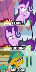 Size: 384x768 | Tagged: safe, derpibooru import, edit, edited screencap, screencap, snails, starlight glimmer, pony, unicorn, boast busters, rock solid friendship, caption, discovery family logo, exploitable meme, food, image macro, meme, pudding, screencap comic, starlight's confessions