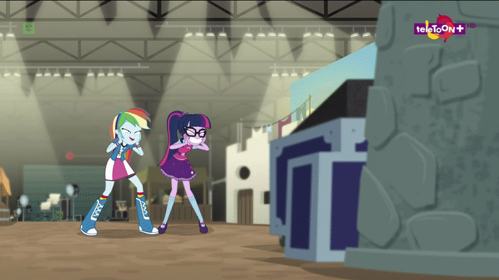 Size: 720x404 | Tagged: safe, derpibooru import, edit, edited screencap, screencap, rainbow dash, sci-twi, twilight sparkle, equestria girls, movie magic, spoiler:eqg specials, adorkable, animated, boots, clothes, compression shorts, cute, dork, fangasm, female, geode of super speed, geode of telekinesis, gif, glasses, grin, magical geodes, mary janes, ponytail, shoes, skirt, slow motion, smiling, socks, striped socks, sudden slow motion, teletoon