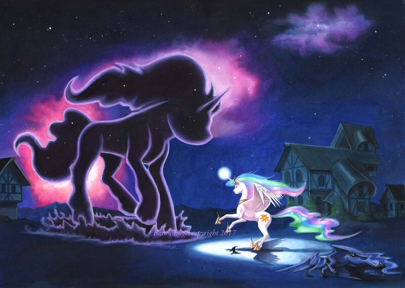 Size: 1500x1066 | Tagged: safe, artist:baron engel, derpibooru import, princess celestia, princess luna, tantabus, alicorn, pony, do princesses dream of magic sheep, big sister instinct, confrontation, female, macro, magic, mare, night, ponyville, protecting, rearing, royal sisters, size difference, starry night, stars, watermark