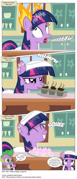 Size: 3356x7839 | Tagged: safe, artist:perfectblue97, derpibooru import, spike, twilight sparkle, dragon, earth pony, pony, comic:without magic, absurd resolution, baking, bandaid, blank flank, clothes, comic, cupcake, earth pony twilight, fire, food, sugarcube corner