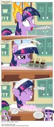 Size: 3356x7839 | Tagged: safe, artist:perfectblue97, derpibooru import, spike, twilight sparkle, dragon, earth pony, pony, comic:without magic, absurd resolution, baking, bandaid, blank flank, clothes, comic, cupcake, earth pony twilight, fire, food, sugarcube corner