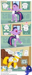 Size: 3356x7839 | Tagged: safe, artist:perfectblue97, derpibooru import, princess luna, twilight sparkle, earth pony, pony, comic:without magic, absurd resolution, bandaid, blank flank, clothes, comic, earth pony twilight, hazmat suit, singing, sugarcube corner