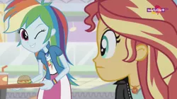Size: 1136x638 | Tagged: safe, derpibooru import, screencap, rainbow dash, sunset shimmer, equestria girls, mirror magic, spoiler:eqg specials, burger, canterlot mall, female, food, geode of empathy, geode of super speed, hamburger, magical geodes, one eye closed, serving tray, soda, teletoon, tray, wink