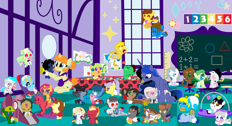 Size: 11000x6000 | Tagged: questionable, artist:evilfrenzy, derpibooru import, oc, oc:andy, oc:black, oc:blaine, oc:cameron, oc:caring slash, oc:crescent wing, oc:cruithne, oc:crystal clear, oc:curtain call, oc:cushy toshie, oc:demo reel, oc:drakefang, oc:drunk minty flow, oc:frenzy, oc:golden lily, oc:jojo, oc:kevin, oc:lost canvas, oc:madeline, oc:mix-up, oc:northern haste, oc:peanut butter, oc:quillwrite, oc:relix, oc:rusty paw, oc:scaryboo, oc:serena, oc:spitty bitty, oc:sunfyre, oc:sunny spade, oc:twinkle spark, oc:violet, oc:white, unofficial characters only, pony, absurd resolution, age progression, age regression, babies, baby, baby ponies, baby pony, ball pit, cute, daycare, diaper, diaper fetish, fetish, foal, heterochromia, offspring, pacifier, paint, parent:oc:frenzy, parent:princess luna, parents:canon x oc