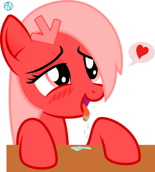 Size: 2000x2221 | Tagged: suggestive, artist:arifproject, derpibooru import, oc, oc:downvote, ponified, unofficial characters only, earth pony, pony, derpibooru, blushing, derpibooru ponified, drool, drunk, female, heart, mare, meta, open mouth, simple background, solo, table, tongue out, transparent background, vector