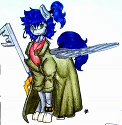 Size: 1789x1836 | Tagged: safe, artist:pantheracantus, derpibooru import, oc, oc:ruituri nox, unofficial characters only, pony, clothes, coat, colored, keyblade, kingdom hearts, one winged pegasus, ponytail, traditional art