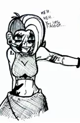 Size: 1823x2813 | Tagged: armpits, artist:pantheracantus, belly button, blood, breasts, derpibooru import, human, humanized, monochrome, oc, oc:tracy cage, >rape, semi-grimdark, traditional art, unofficial characters only, vulgar