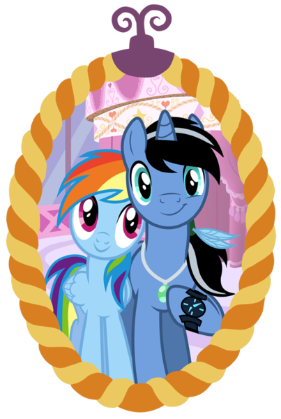 Size: 605x900 | Tagged: safe, artist:sapphiregamgee, artist:sapphirestar, derpibooru import, rainbow dash, oc, oc:night rain, pegasus, pony, unicorn, accessories, canon x oc, carousel boutique, dashrain, hair tie, horn, jewelry, mirror, pendant, simple background, transparent background, unicorn oc, watch, wristwatch