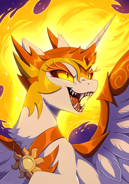 Size: 701x1001 | Tagged: safe, artist:hioshiru, derpibooru import, daybreaker, alicorn, pony, a royal problem, armor, chest fluff, ear fluff, fangs, female, fluffy, helmet, mare, open mouth, slit eyes, smiling, solo, teeth