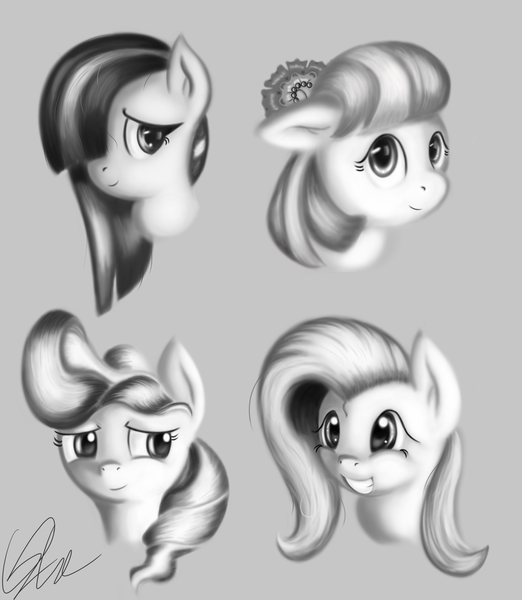 Size: 2000x2300 | Tagged: safe, artist:qbellas, derpibooru import, coco pommel, fluttershy, marble pie, vapor trail, earth pony, pegasus, pony, bust, female, floppy ears, grayscale, mare, monochrome, signature, smiling, the council of shy ponies