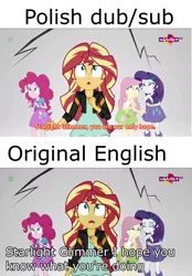 Size: 1916x2756 | Tagged: safe, derpibooru import, edit, edited screencap, screencap, fluttershy, pinkie pie, rarity, sunset shimmer, equestria girls, mirror magic, spoiler:eqg specials, comparison, dubbing, english, geode of empathy, magical geodes, poland, polish, subtitles, teletoon