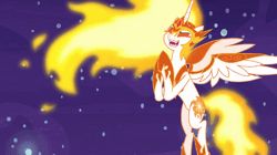 Size: 922x518 | Tagged: safe, derpibooru import, screencap, daybreaker, pony, a royal problem, animated, clapping, cute, diabreaker, evil, eyes closed, gif, happy, mane of fire, night, open mouth, pure unfiltered evil, smiling, solo, spread wings, stars, wings
