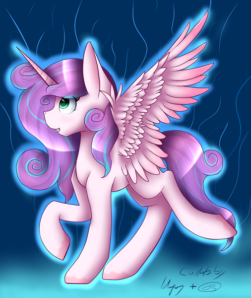 Size: 1986x2356 | Tagged: safe, artist:fluxittu, artist:idrawspony, derpibooru import, princess flurry heart, alicorn, pony, alternate hairstyle, collaboration, female, mare, older, older flurry heart, solo, spread wings, wings