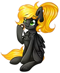 Size: 877x1072 | Tagged: safe, artist:sketchyhowl, derpibooru import, oc, oc:veen sundown, unofficial characters only, pegasus, pony, chest fluff, donut, eating, female, food, mare, simple background, sitting, solo, sundown clan, transparent background