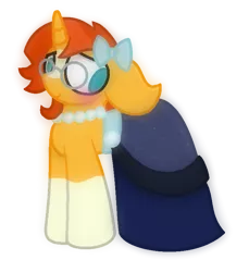 Size: 715x781 | Tagged: safe, artist:thefanficfanpony, derpibooru import, sunburst, pony, blushing, bow, clothes, crossdressing, cute, dress, floppy ears, hair bow, jewelry, necklace, simple background, transparent background