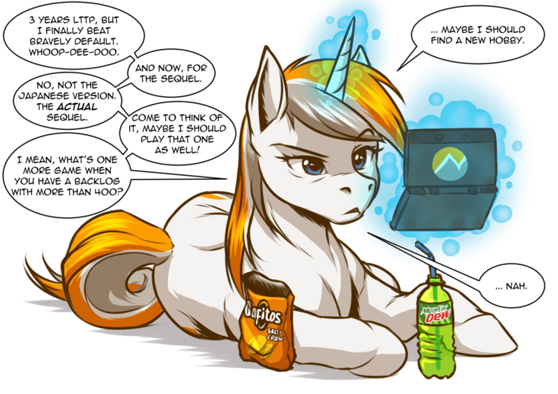 Size: 1641x1159 | Tagged: safe, artist:mykegreywolf, derpibooru import, oc, oc:belle eve, ponified, pony, unicorn, 3ds, belle eve, chips, doritos, female, food, glowing horn, magic, mare, mountain dew, neogaf, nintendo, simple background, soda, solo, speech bubble, transparent background, video game