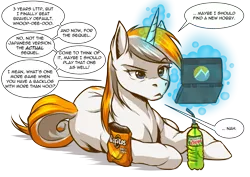 Size: 1641x1159 | Tagged: safe, artist:mykegreywolf, derpibooru import, oc, oc:belle eve, ponified, pony, unicorn, 3ds, belle eve, chips, doritos, female, food, glowing horn, magic, mare, mountain dew, neogaf, nintendo, simple background, soda, solo, speech bubble, transparent background, video game